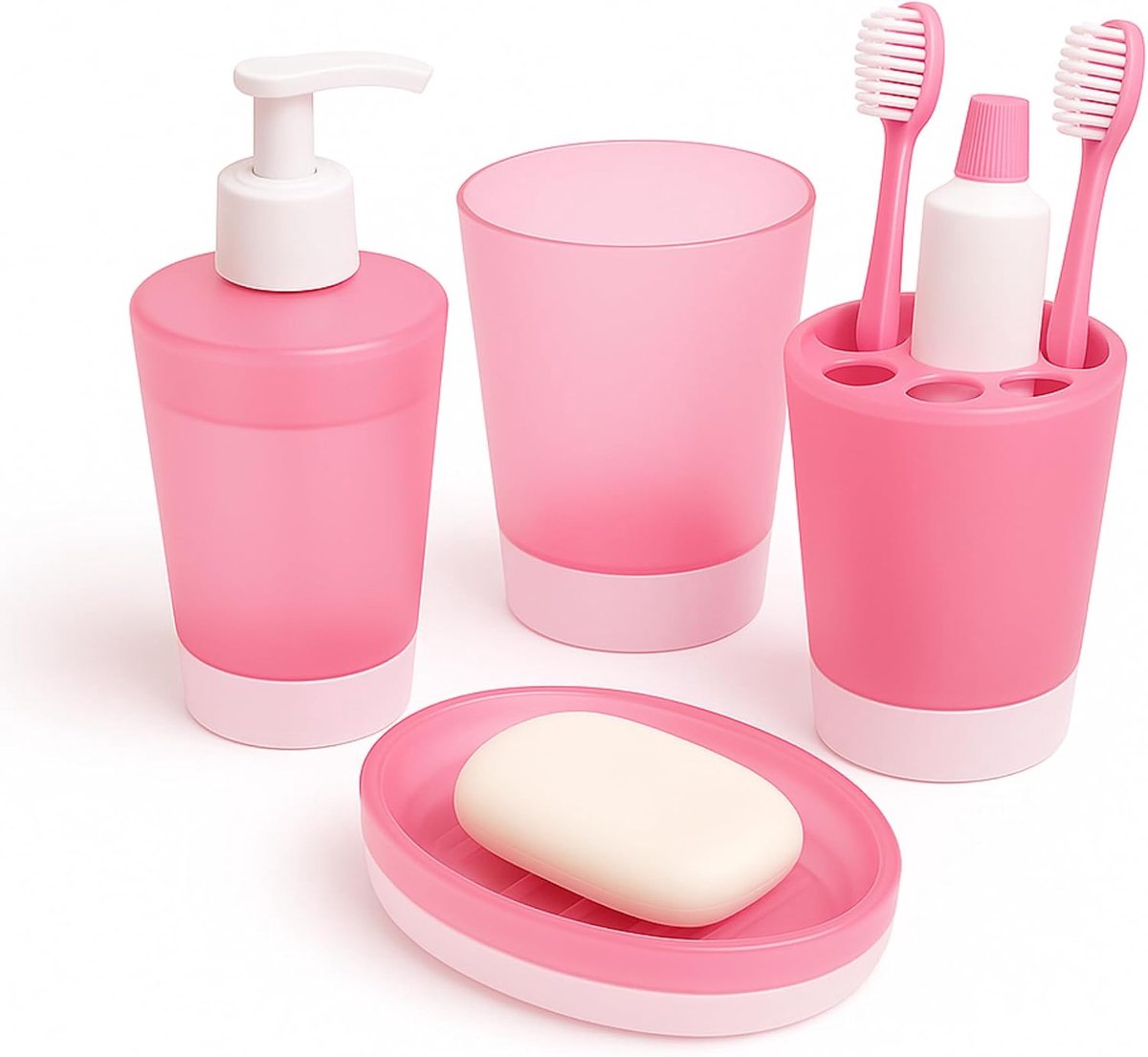 Badkamerset, 4-delig, kunststof, onbreekbaar, voor badkamer, zeepbakje, beker, tandenborstelhouder, badkamerset voor kinderen en volwassenen, elegant design, roze