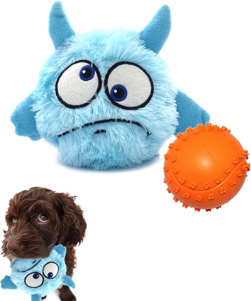 Hond Interactief Speelgoed 2-in-1 Hond Pluche Piepende Kleine Ballen Huisdier Speelgoed Halloween Xmas voor Kleine Medium Grote Honden, Blauw Monster