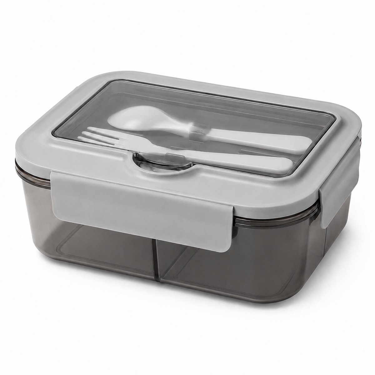 VHV - Lunchbox 1400 ml met 3 Vakken - Lekvrij Afsluitbare Bento Box met Bestek en Kijkvenster - Geschikt voor Magnetron zonder Deksel - Voor Werk, School en Onderweg - Grijs