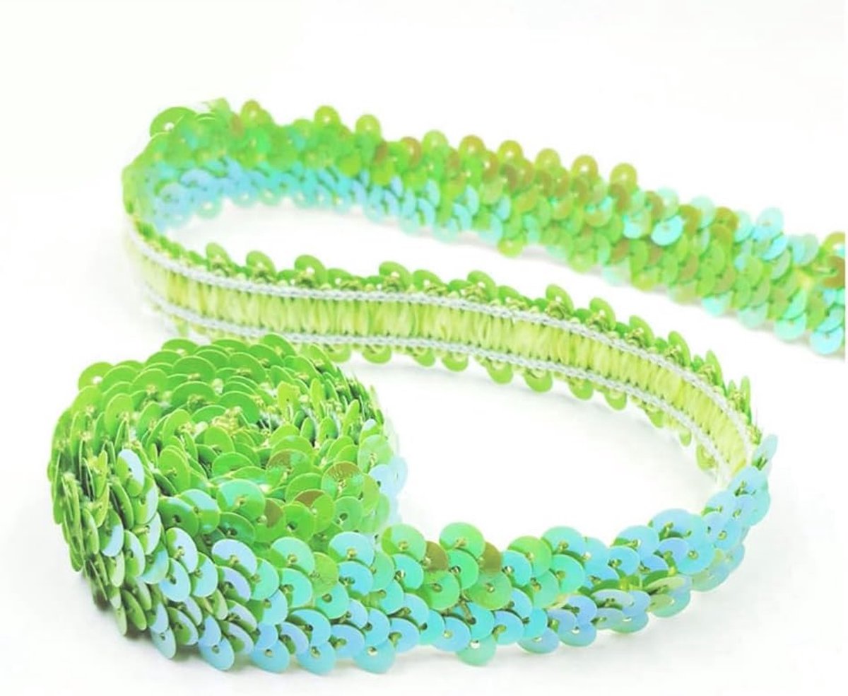 Paillettenband, elastisch, 2 cm breed, paillettenband, 2 rijen, paillettenboord, stoffen band voor doe-het-zelf naaien, kleding, handwerk, decoratie, lichtgroen
