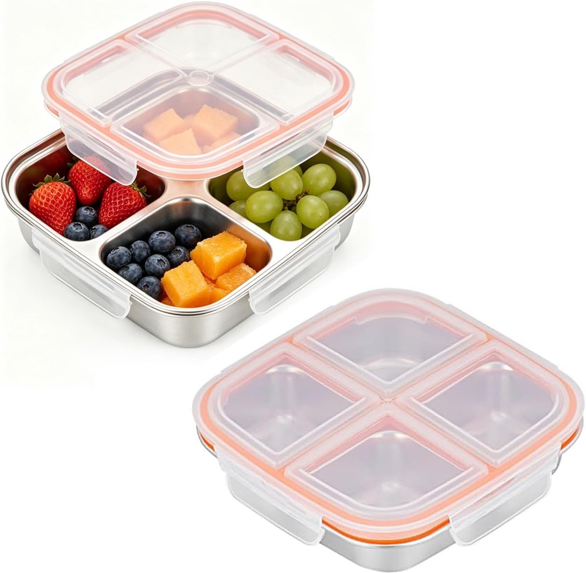 2 stuks snackbox met 4 vakken, 600 ml roestvrij staal, lekvrije bento-box met deksel, herbruikbare broodtrommel voor kinderen en volwassenen, meal prep lunchbox voor school, werk en camping