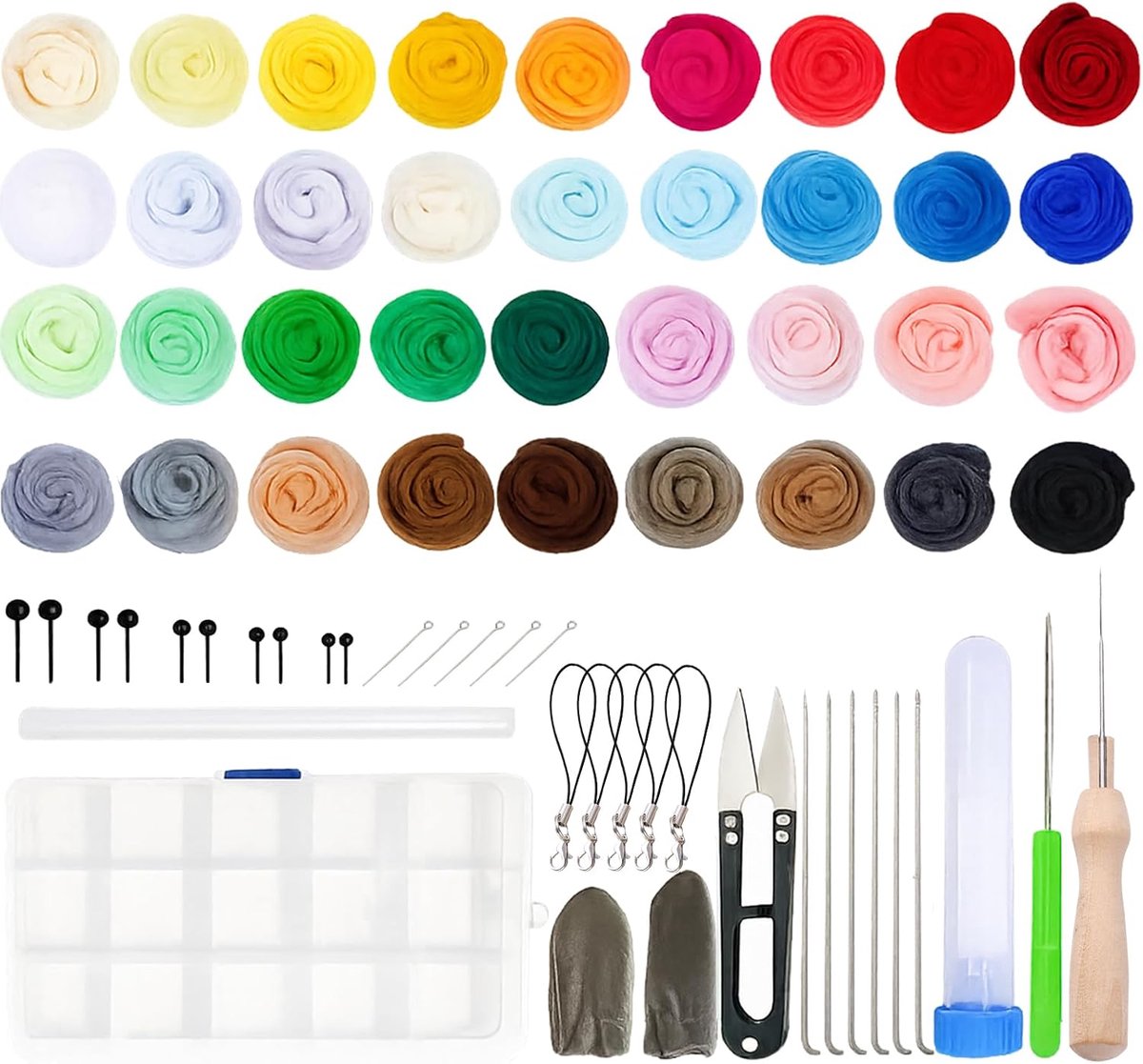 36 kleuren naaldviltset, viltset voor beginners met gereedschap en viltnaalden, viltwol, naaldvilt, werk voor nat vilten en droogvilten, doe-het-zelf handwerk, decoratie
