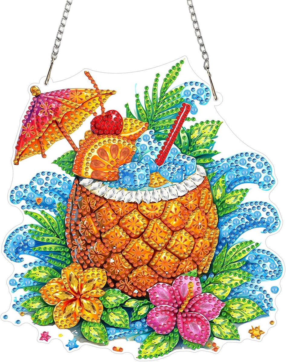 Ananas Cocktail Diamantschilderij Hanger, 5D Drankjes Ornament Kit, DIY Kristal Strass Acryl Sierhanger voor Raam, Muur, Deur en Tuin Decoratie