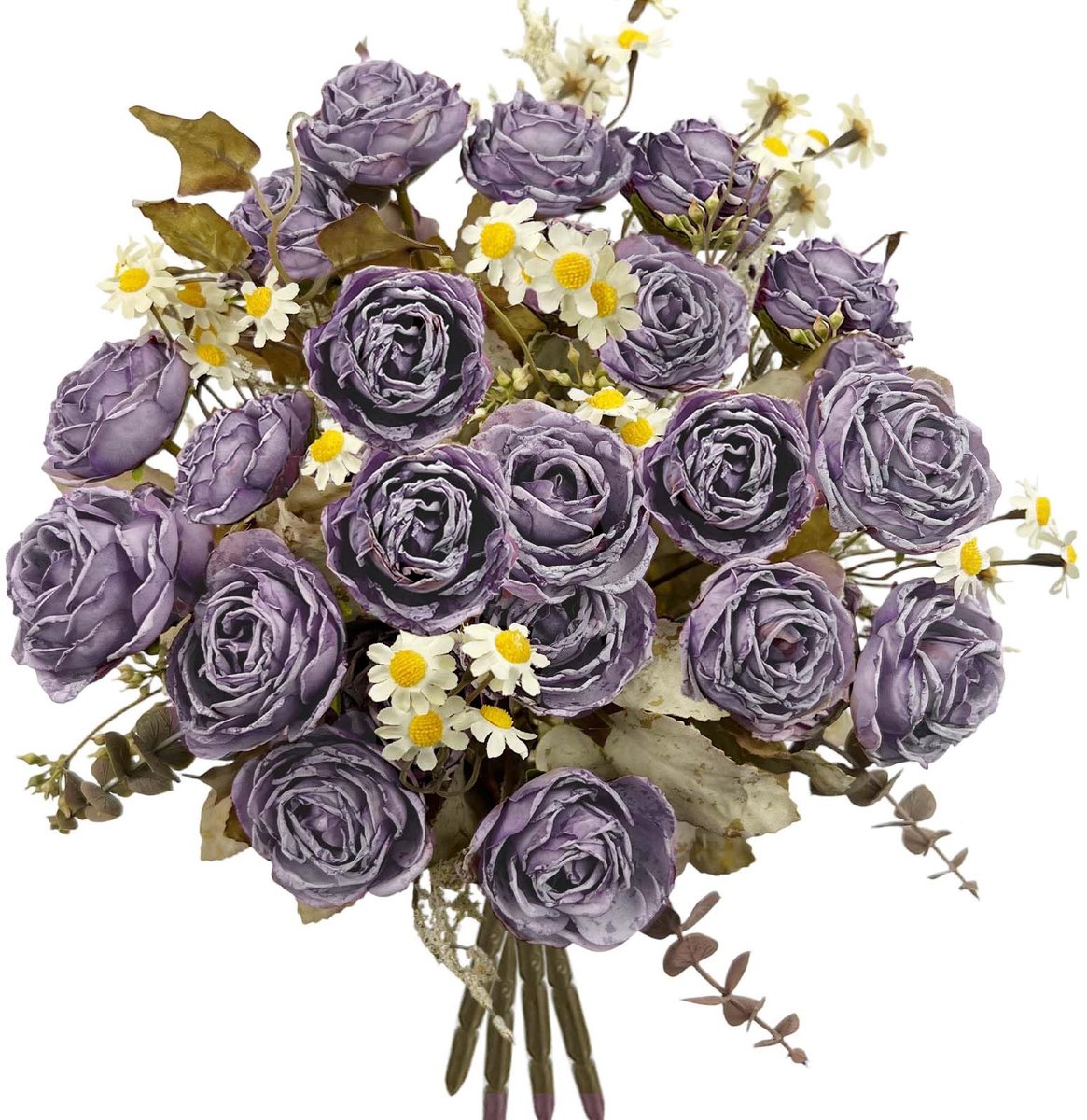 Treasures Vintage droge bloem boeket set - kunstmatige nepbloemen planten zijden bloemstukken, vuur geroosterde roos boeket met madeliefjes, herfst bruiloft middelpunt feestdecoraties (paars, 30