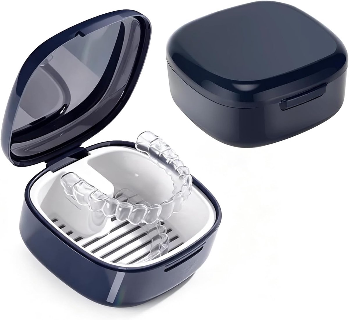 Opbergdozen voor kunstgebit set van 2 – Met zeef – 7,8x7,8x3,8 cm – Voor orthodontische apparaten, gebitsplaten, beschermende mondkapjes – Reiniging en sterilisatie – Blauw