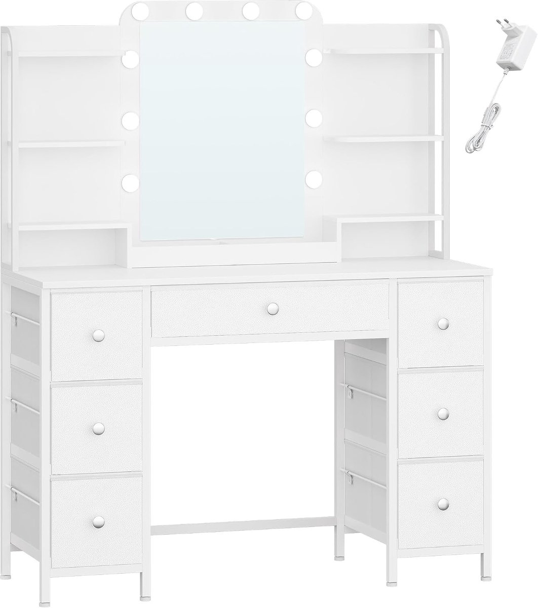 Hzuaneri Make-uptafel met ledverlichting, make-uptafel met grote HD-spiegel, 7 laden en 6 opbergvakken, make-uptafel voor slaapkamer, modern wit