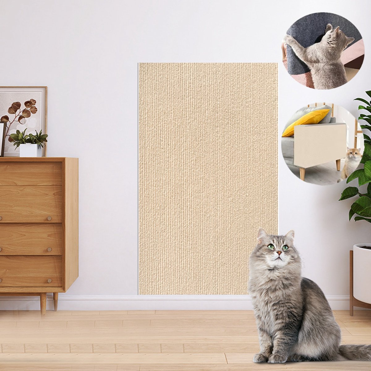 KZQ Krabmat Voor Katten - Zelfklevend - Anti Kras Bankbescherming - Klimwand Katten Klimmuur - Geschikt Voor Meubels Muren Banken Tapijt - 40x200cm - Khaki