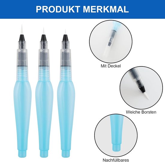 8 stuks watertankpenselen, aquarelpenseelstift, herbruikbare kwasten met watertank, blauw, 3 maten, voor aquarelverf, gouache, in water oplosbare kleurpotloden, beginners, kunstenaars — afbeelding 2