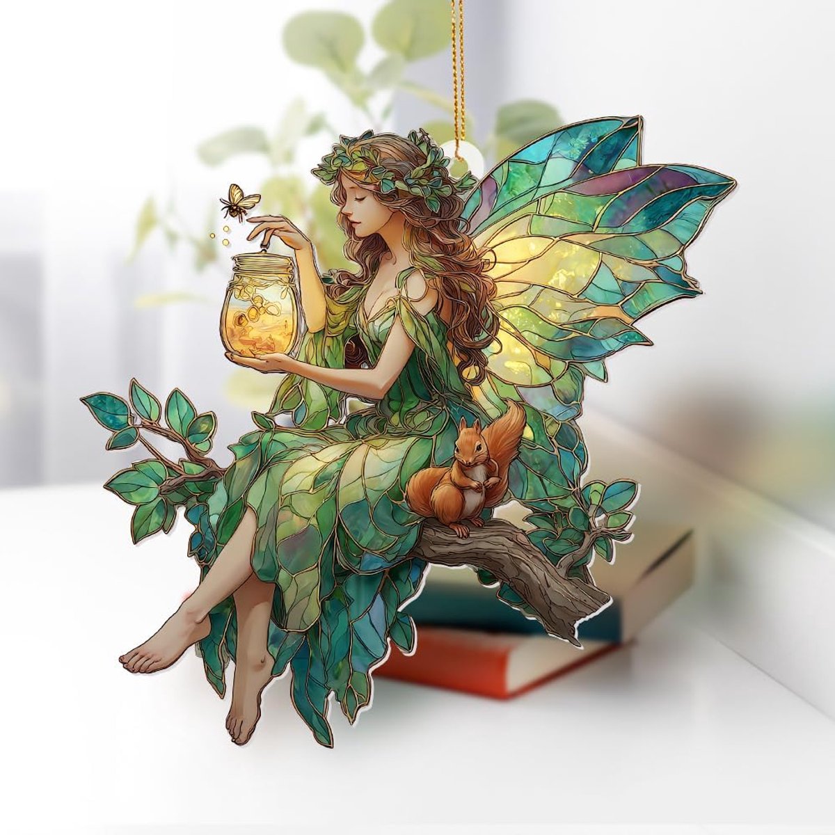 Hangende zonnevanger - Auto-accessoires - Fee Gebrandschilderd Acryl Ornament - Betoverd Bos met Fee en Eekhoorn - Hangende Zonnevanger voor Raam - Magisch Kerstcadeau voor Vrouwen en Meisjes - Woondecoratie - 2D - Vlak acryl