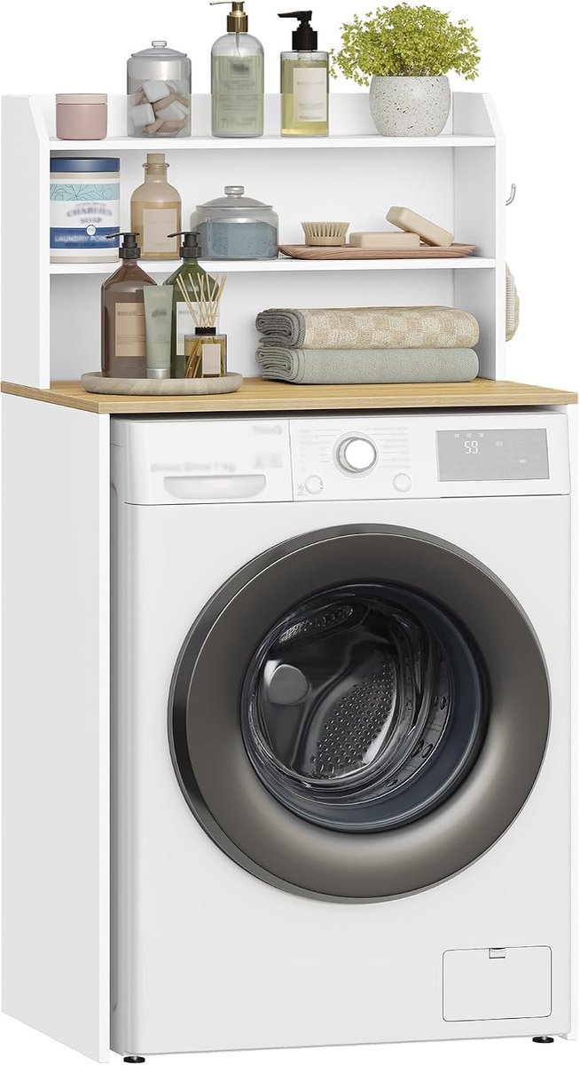 Hzuaneri Wasmachinekast, bovenbouwkast voor wasmachine,Wasmachinekast met open opbergvakken, wasmachinekast, 50 x 68 x 128 cm, wit en naturel