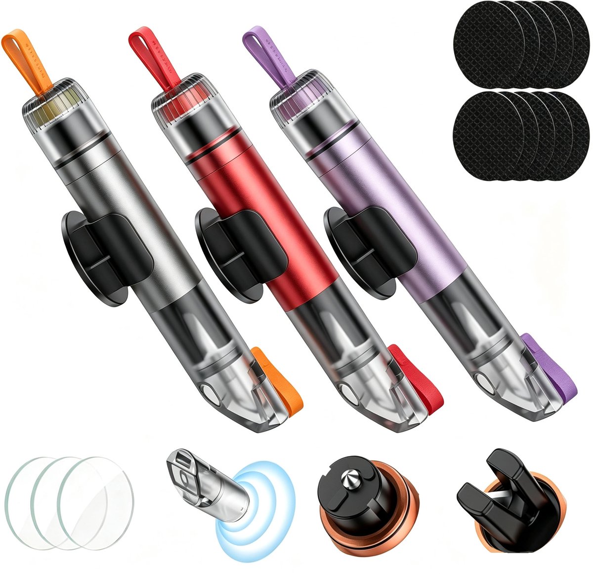 3-delige mini-autohamerset - 10,4 × 2 cm - Draagbaar - Inclusief ruitenbreker en gordelsnijder - Geschikt voor gebruik onder water - Wordt geleverd met voetstuk en testglas - Betrouwbare bescherming - Paars, Grijs, Rood