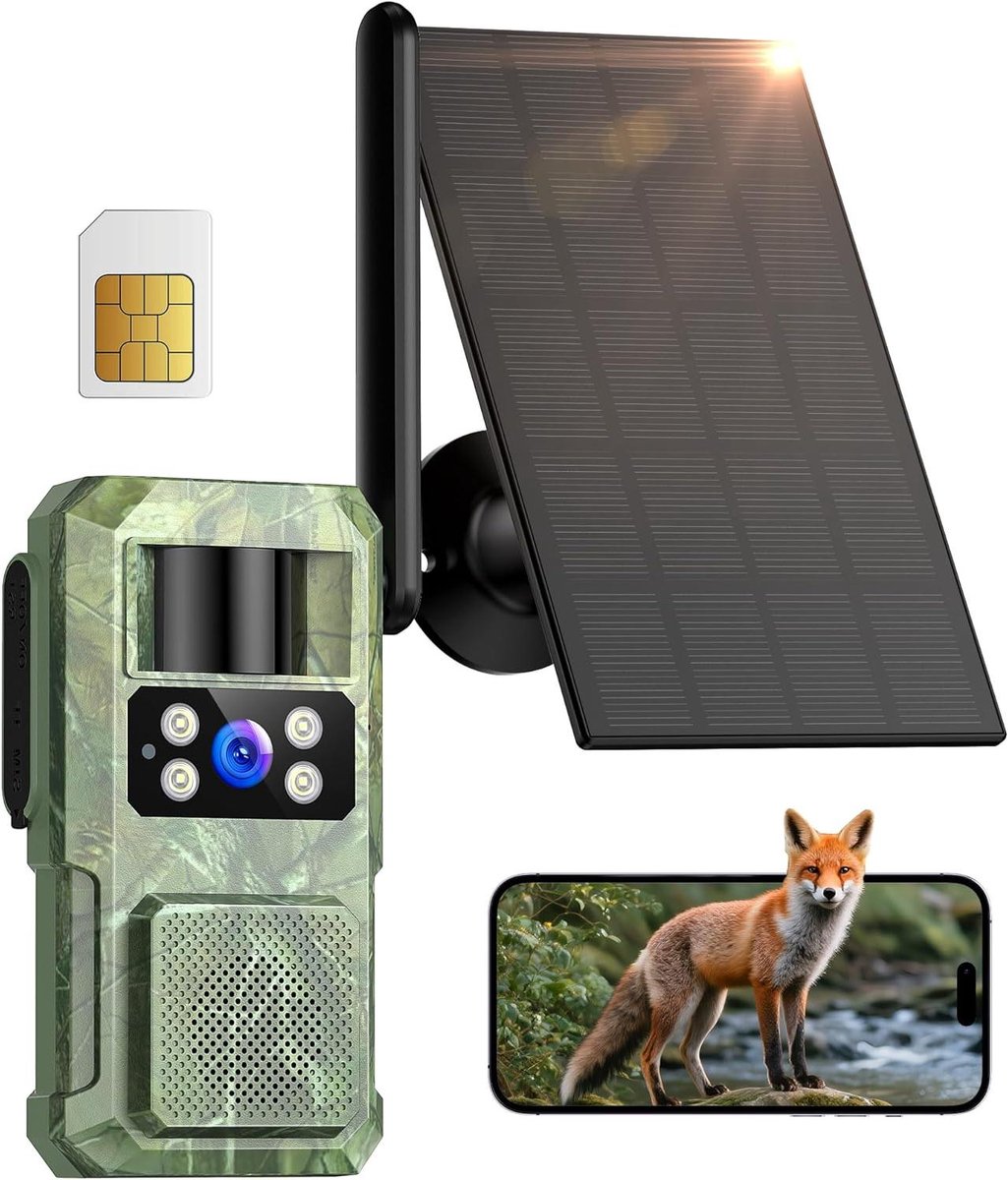Wildcamera Zonne-energie - Bewakingscamera Bos - Dieren Observatie - 4G LTE Kleur Nachtzicht - 27K HD - Groen