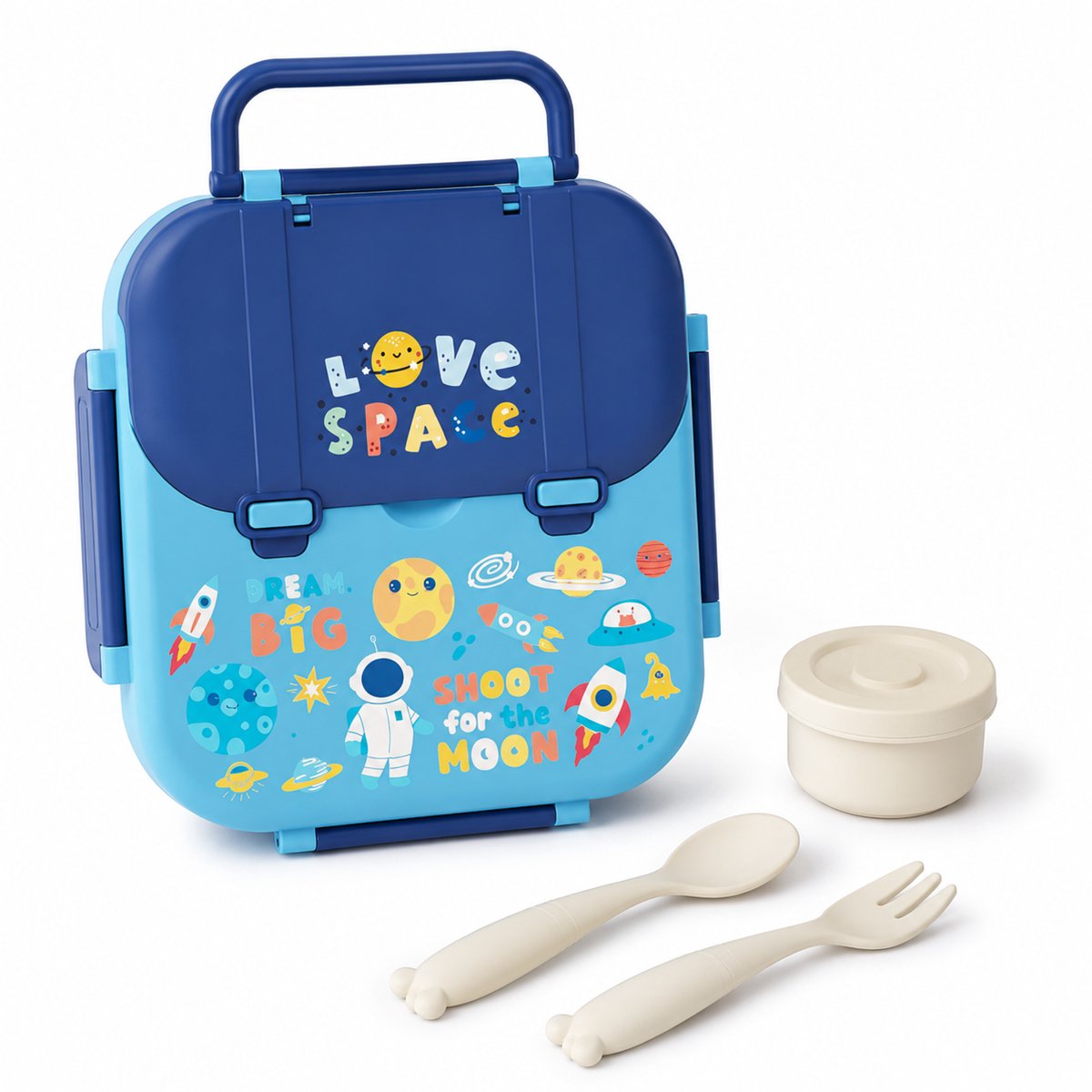 VHV - Kinderlunchbox met 3 Vakken - Broodtrommel met Bestek en Sausbakje - Geschikt voor Magnetron met Handvat voor School en Onderweg - Blauw Ruimtevaart