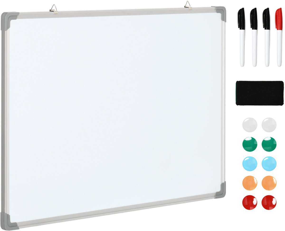 Magnetisch hiteboard met aluminium frame, ca. 90 x 60 cm, inclusief markeerstiften, gummen en magneten, geschikt voor wandmontage, ideaal voor kantoor en thuis