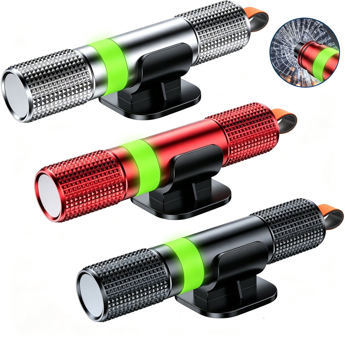 Set van 3 mini-autohamers voor noodgevallen - 9 × 2 cm - Met gordelsnijder en ruitenbreker - 2-in-1 - Lichtgevend ontwerp - Hamerkop van wolfraamstaal - Geschikt voor gebruik onder water - Zwart, zilver, rood