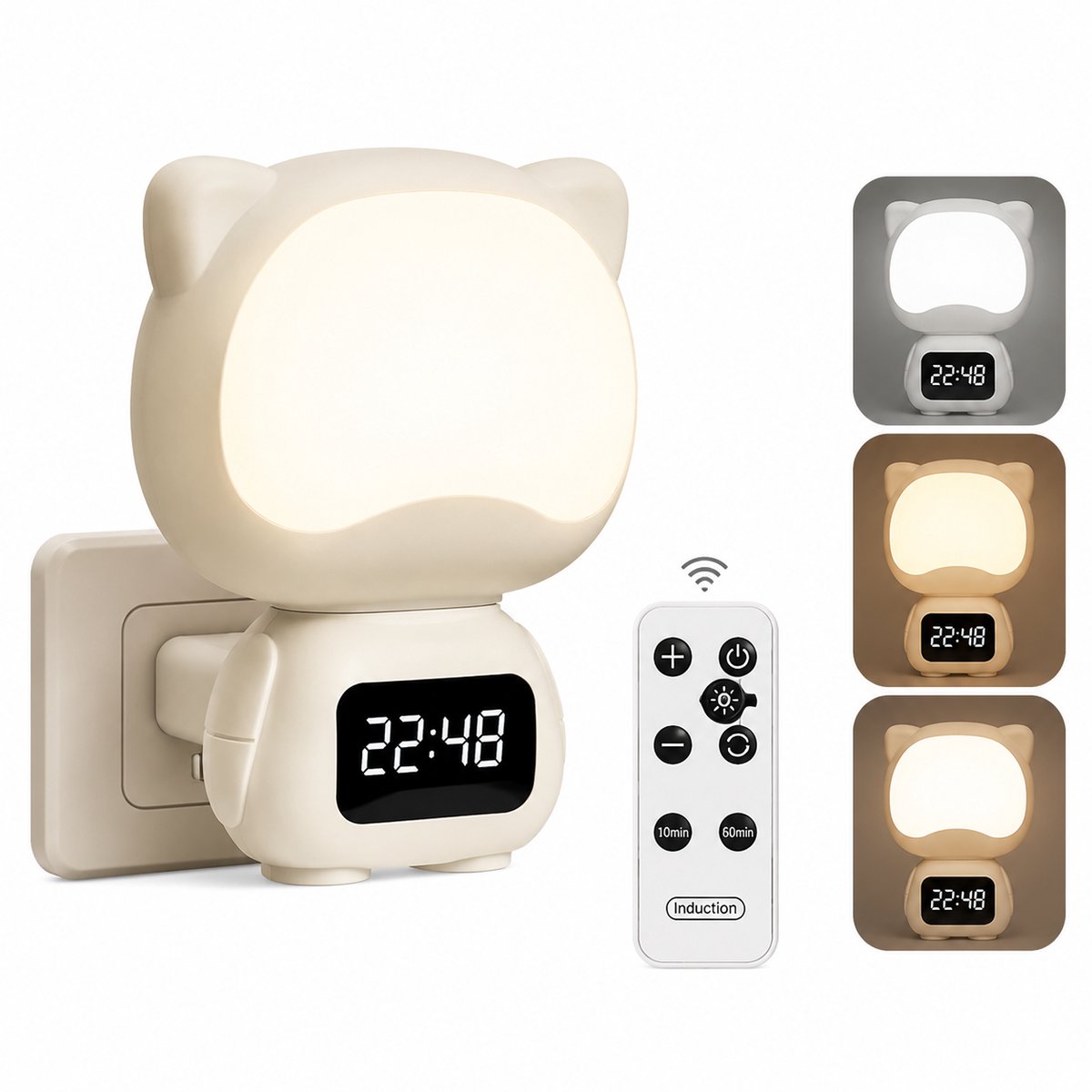 Katten Nachtlamp met Digitale Klok – LED Wandlamp met Afstandsbediening, 3 Lichtkleuren, Dimbaar, 300° Draaibaar, Timerfunctie & Oplaadbare Batterij – Slaapkamerlamp voor Kinderen en Volwassenen