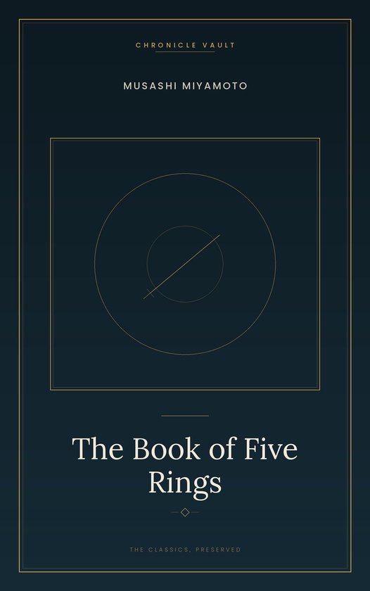 Donkerblauw boekcover met goudkleurige lijnen, het symbool van een cirkel en de titel 'The Book of Five Rings'.