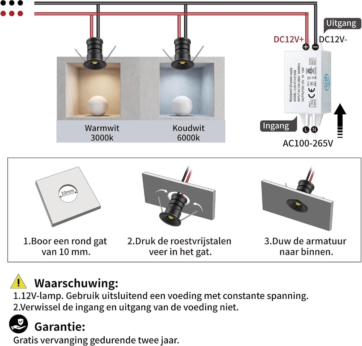 Mini LED Inbouwspot - Zwart Warm Wit - 10 mm - Waterbestendige Plafondspot voor Keuken en Badkamer