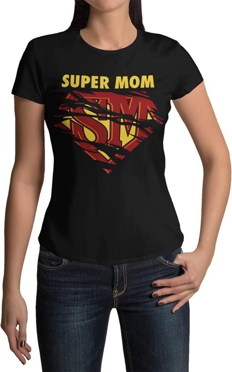 Dames T-shirt met 'Super Mom' Opdruk - Zwart - Maat 3XL - 100% Katoen