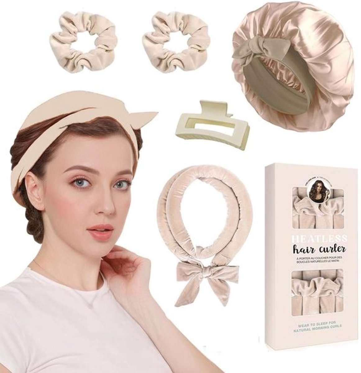 Allecto - Long Curlers - Geen Hitte Krullers - Zacht en Flexibel - Khaki - Geschikt voor Lang Haar - Perfect voor Slaap