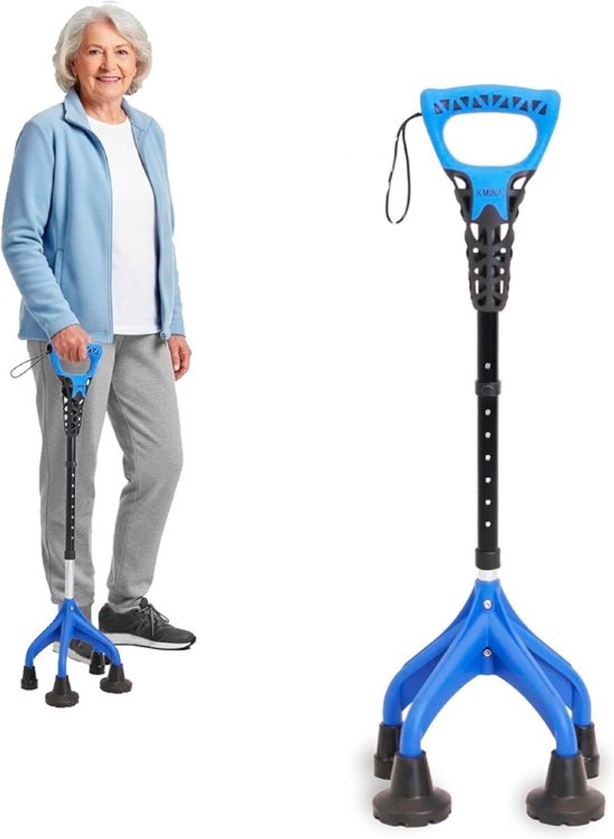 Ergonomische wandelstok - 4-poten stok - Veilig lopen - Ergonomische handgreep - Verstelbaar 83-100 cm - Blauw