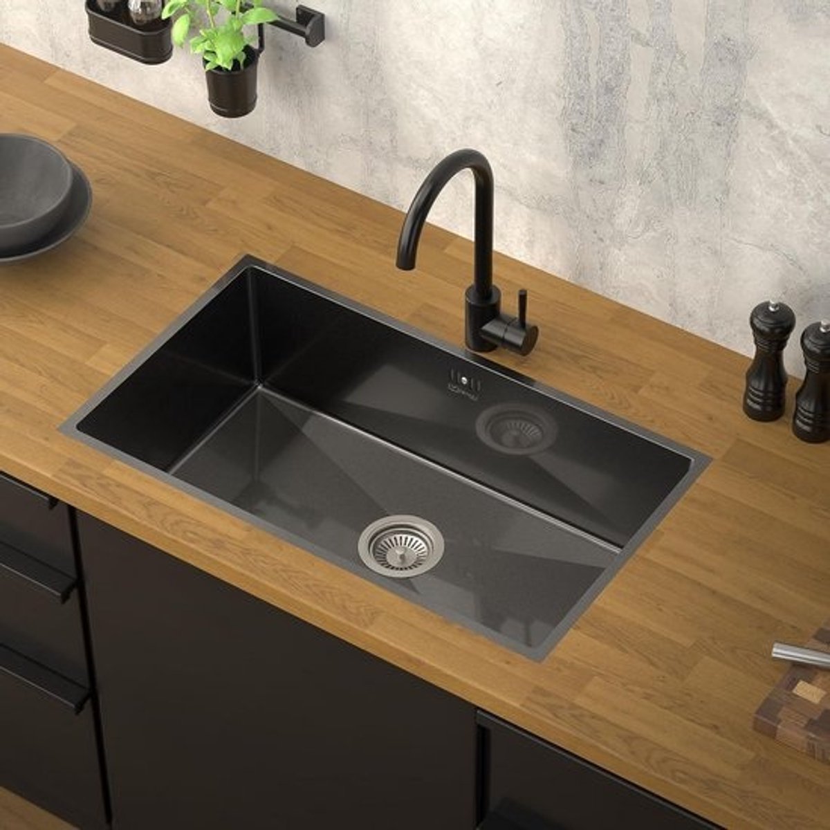 XXL Keukenspoelbak RVS 70x40 cm Antraciet - Hoekig Inbouw/Onderbouw Gootsteen met Afvoer