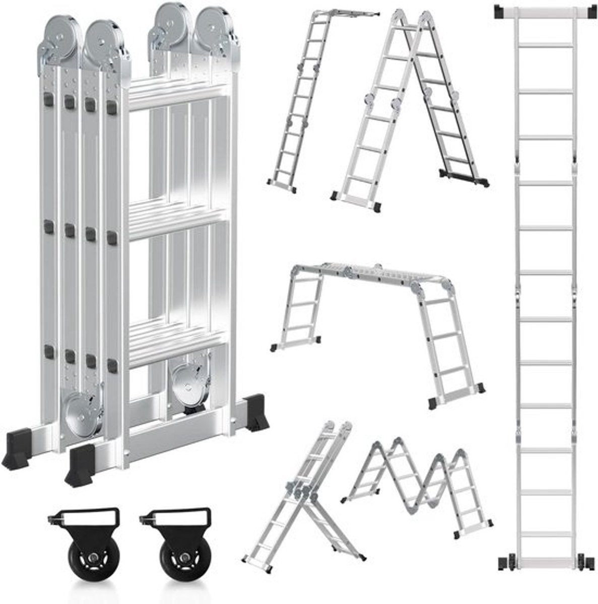 Multifunctionele Ladder 7-in-1 Aluminium Werkladder met Steigerplaten en Wielen