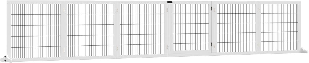 Veiligheidsbarrière voor honden, vrijstaand, modulair, opvouwbaar, 6 panelen, 2 poten, houder grenenhout, 432 x 36 x 70 cm, wit | Opvouwbaar, vrijstaand, afneembare steunpoten, binnen, grenenhout, voor trappen, deuren, gangen