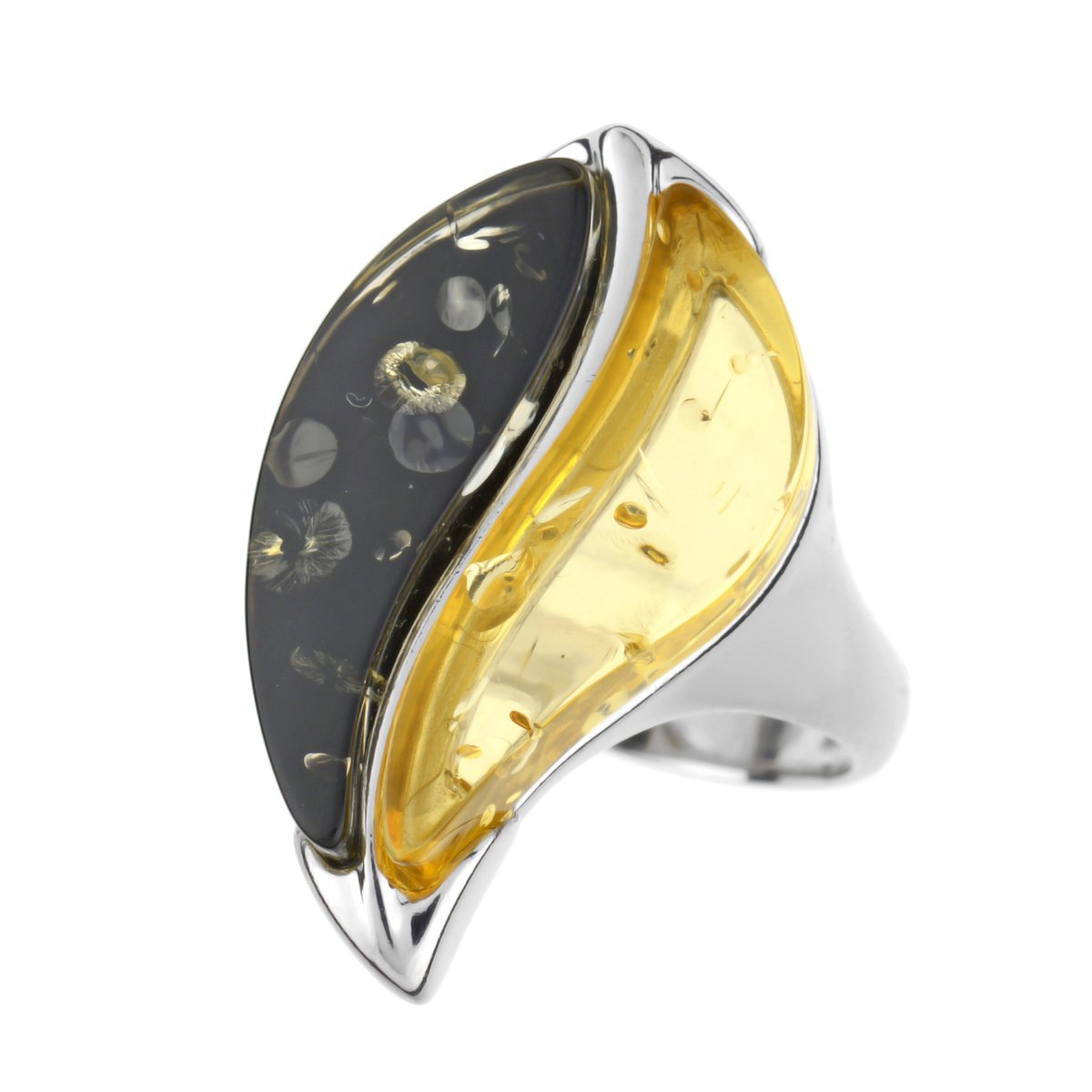 Cavill - Zilveren Ring met 4,4 Ct Baltische Citroen en Groene Barnsteen - 925 Sterling Zilver - Handgemaakt, Elegant, Cabochon Bezel Zetting