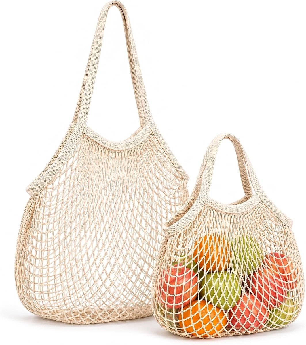Draagbare Mesh Katoenen Bochtassen, 2 Stuks, Vouwbare Tas voor Groenten, Fruit en Stranduitjes