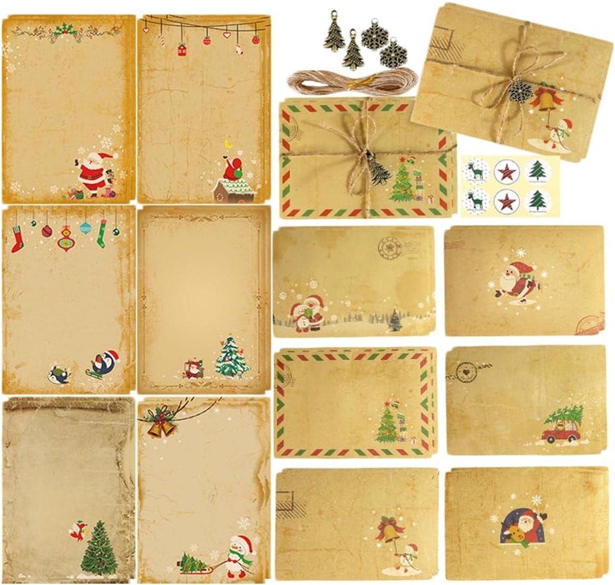 Kerst Schrijfset met 72 Stuks: 24 Vel Feestelijk Papier, 12 Kraft Enveloppen, Retro Sleutels en Stickers voor Creatieve Kerstkaarten
