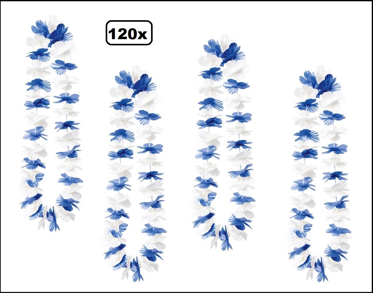 120stuks Hawai slinger blauw/wit - bloemenkrans - Thema feest hawaii krans huwelijk