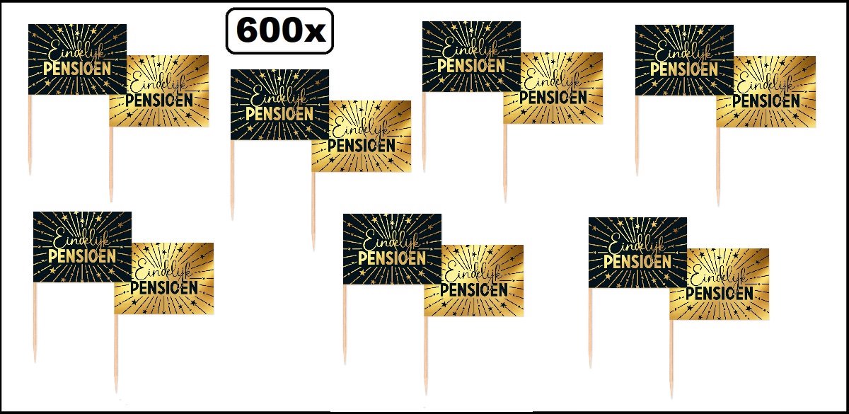 600 stuks Luxe Cocktailprikkers Eindelijk pensioen goud/zwart - Vlag prikker Jubileum verjaardag thema feest bruiloft cocktail prikker