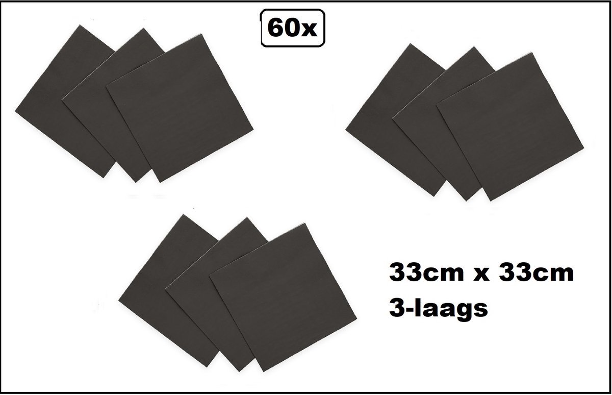 60 stuks Servetten zwart 33cm x 33cm - 3 laags - Cocktail servet diner eten knoeien restaurant BBQ thema feest verjaardag feest