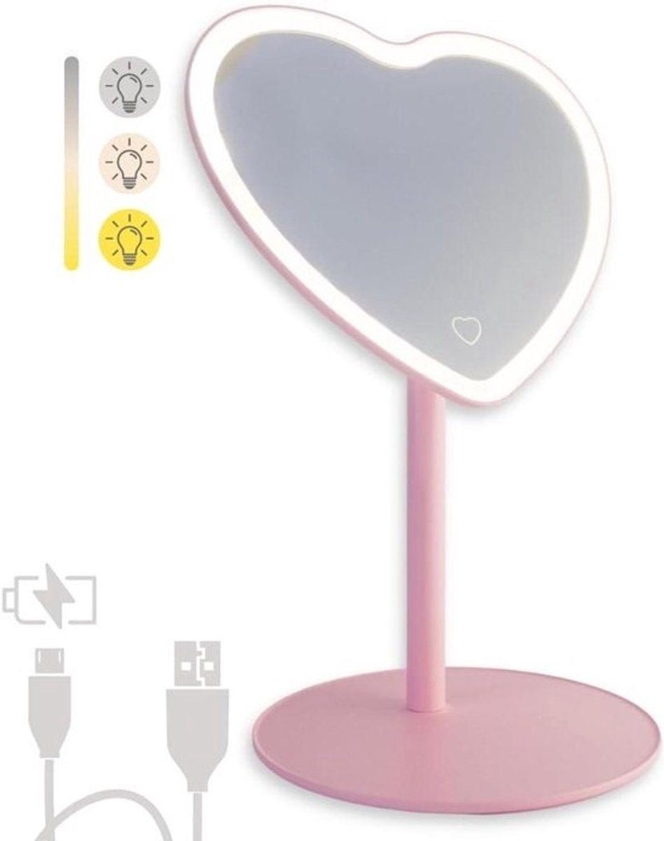 Hart Spiegel Verlichting - Make-up spiegel Schminkspiegel - Make-up aanbrengen - Hartvormig ontwerp - 20 cm breed - Roze