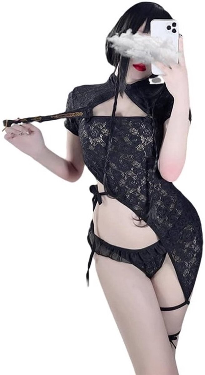 Transparante Pyjama Jurk met Kant voor Vrouwen - Sexy Cosplay Kostuum in Zwart, One Size