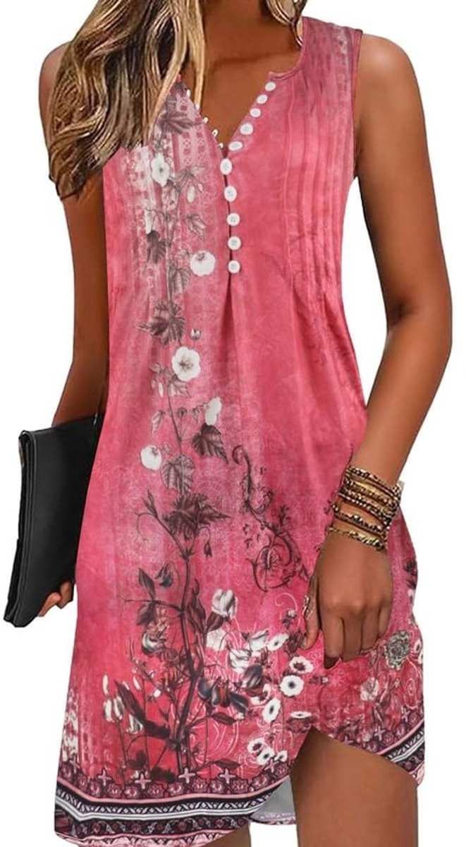 Lichte Boho Zomerjurk voor Dames - Mouwloos met V-hals en Bloemenprint - Perfect voor Strand en Casual Gelegenheden