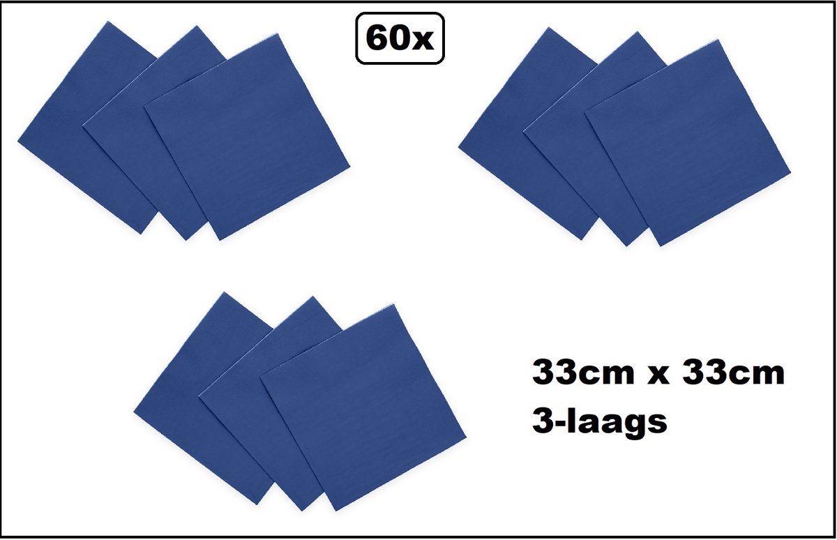 60 stuks Servetten blauw 33cm x 33cm - 3 laags - Cocktail servet diner eten knoeien restaurant BBQ thema feest verjaardag feest
