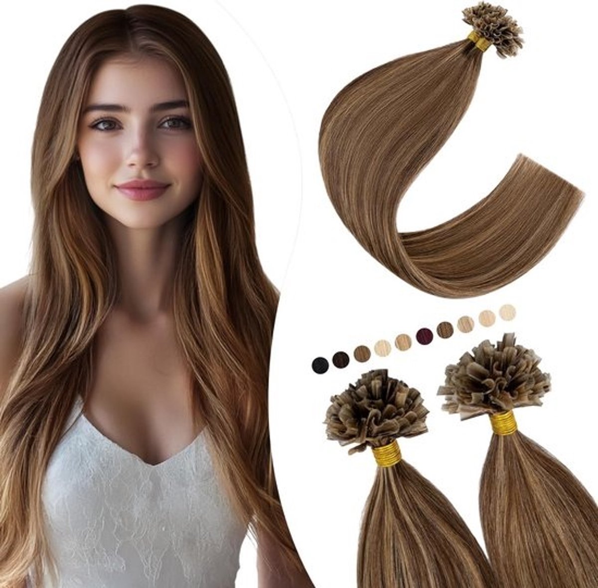 Keratine Haar Extensions U-Tip - Steil 200 Strengen van 45 cm - Middenbruin/Honingblond