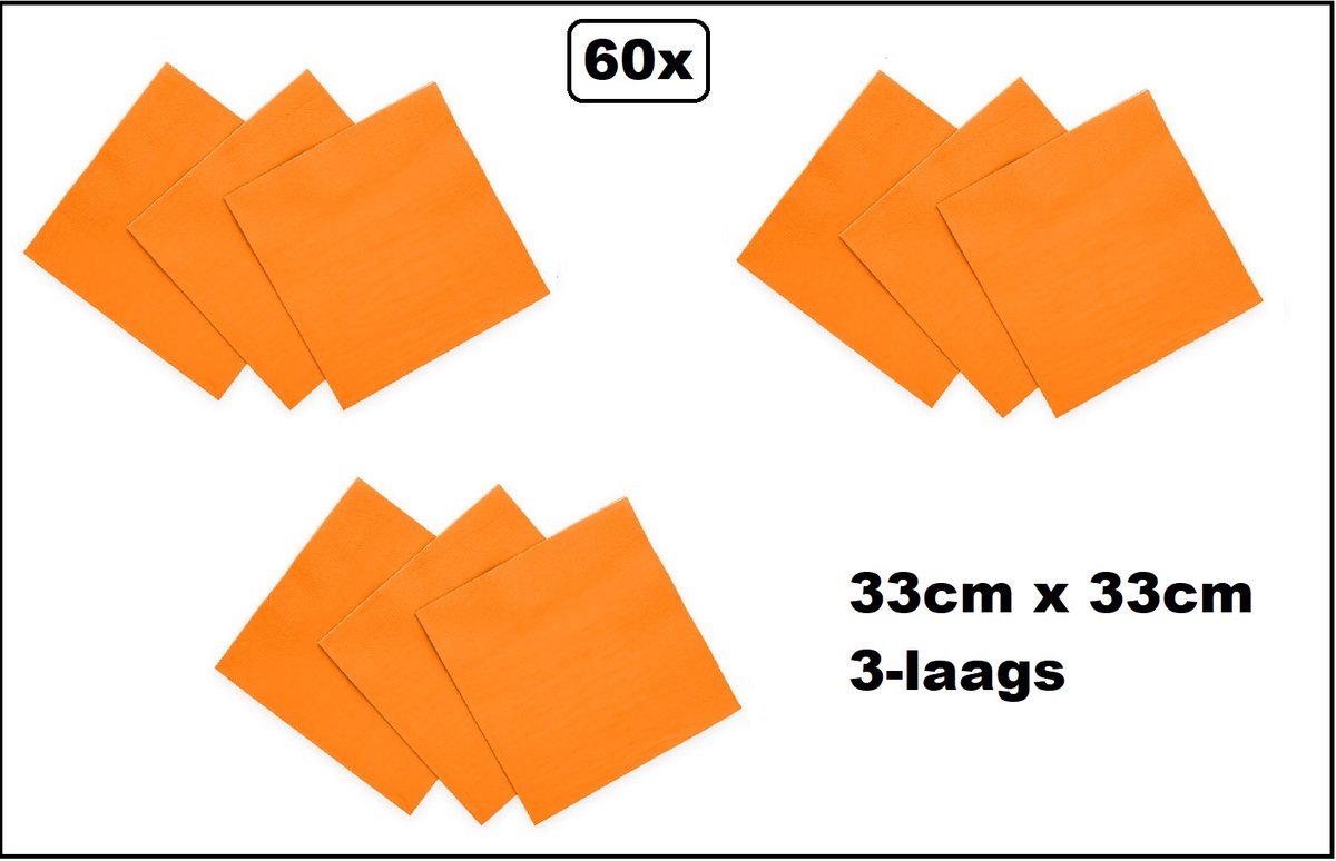 60 stuks Servetten oranje 33cm x 33cm - 3 laags - Cocktail servet diner eten knoeien restaurant BBQ thema feest verjaardag feest