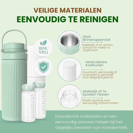 Draagbare Moedermelkkoeler - Melkkoeler voor onderweg - Inclusief 2 BPA-vrij flessen - Koelelement - 24u Koeling — afbeelding 2