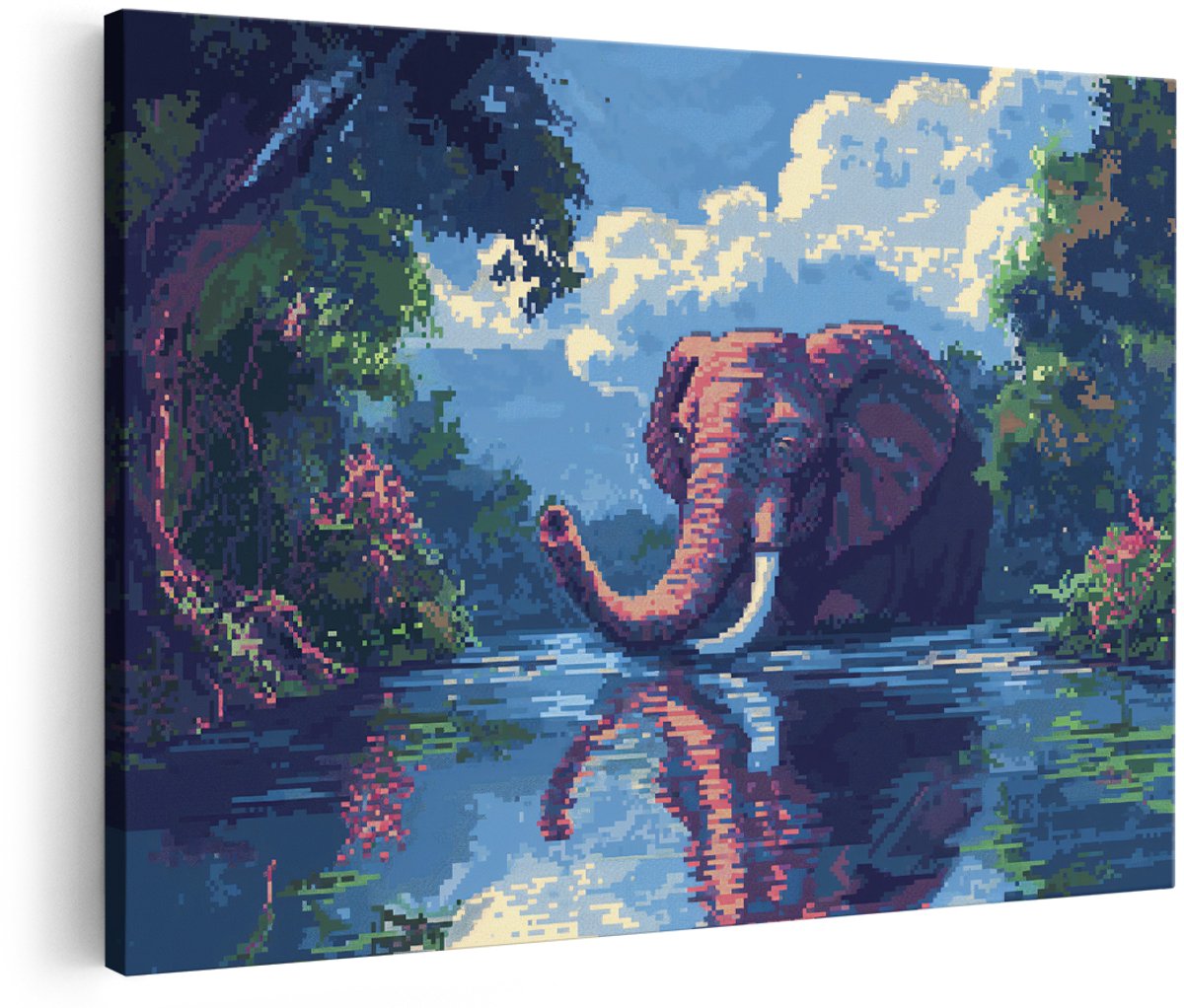Artaza Canvas Schilderij Olifant - 150x100 cm - Groot - Wanddecoratie Pixel Art - Muurdecoratie Jungle Dieren - Schilderijen Op Canvas Natuur