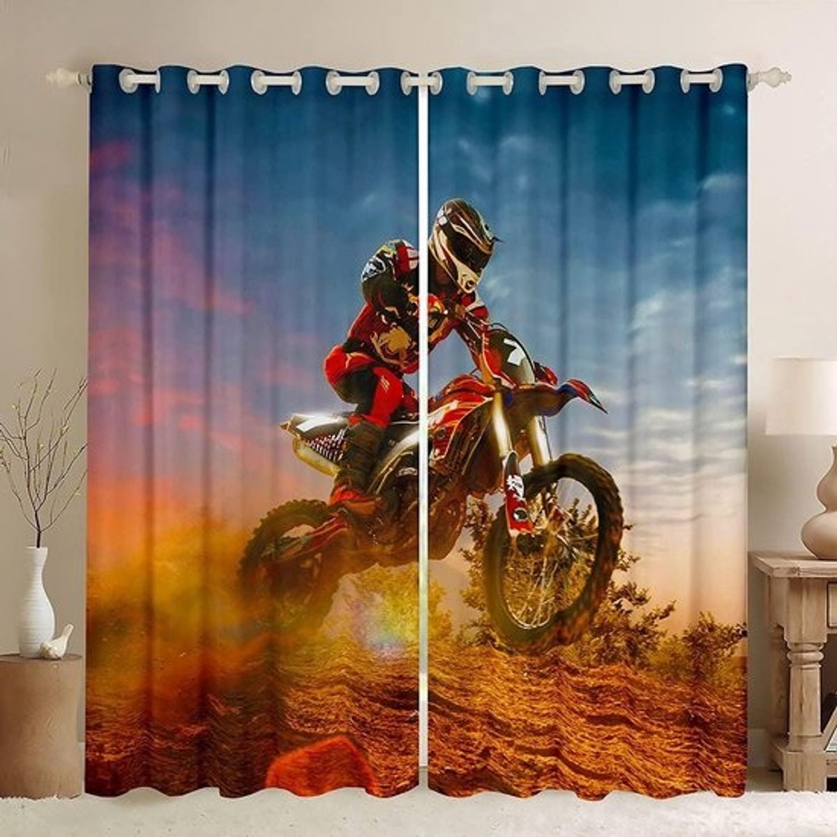 Verduisterende Gordijnen - Motorcross Gordijnen - Slaapkamer Decoratie - Thermisch Geïsoleerd - 2x 117x183 cm - Meerkleurig