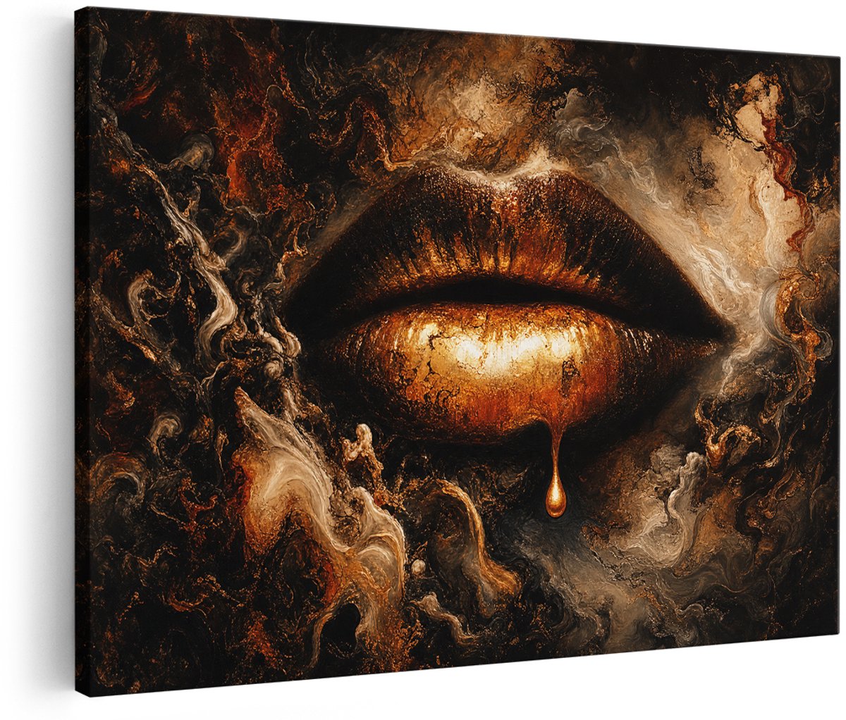 Artaza Canvas Schilderij Gouden Lippen - Abstract Kunst - 150x100 cm - Groot - Wanddecoratie Woonkamer - Schilderijen - Muurdecoratie