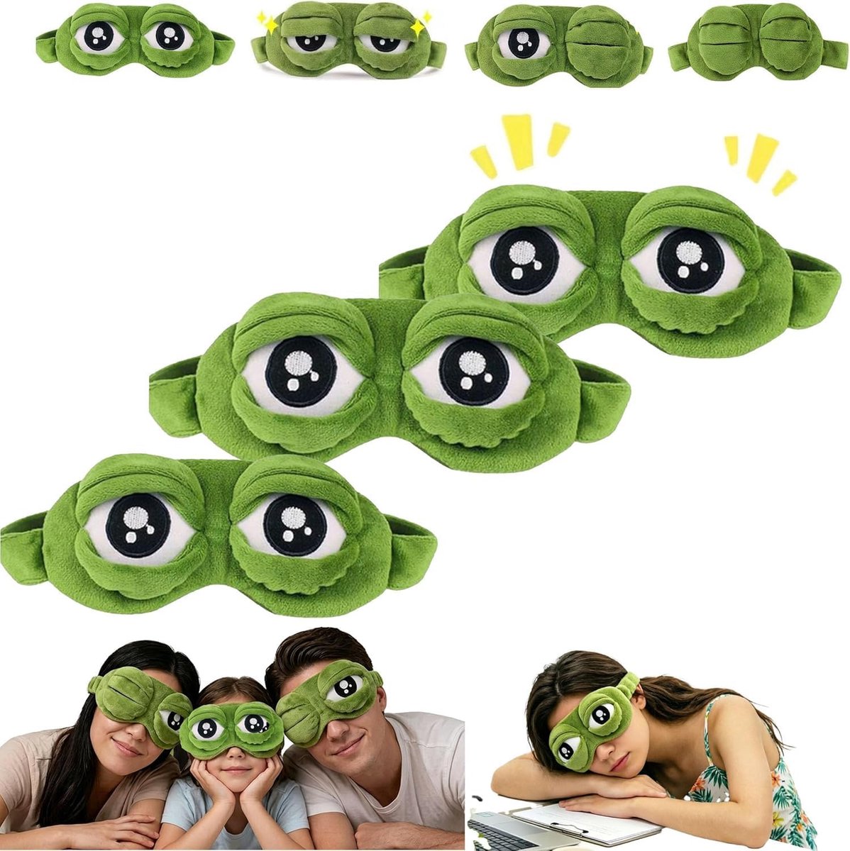 3D Kikker Oog masker - 3 Stuks - Slaapmasker - grappig oogmasker - Verduisterend Oogmasker - Hoofdband voor het slapen - voor slapen, reizen en rustmomenten