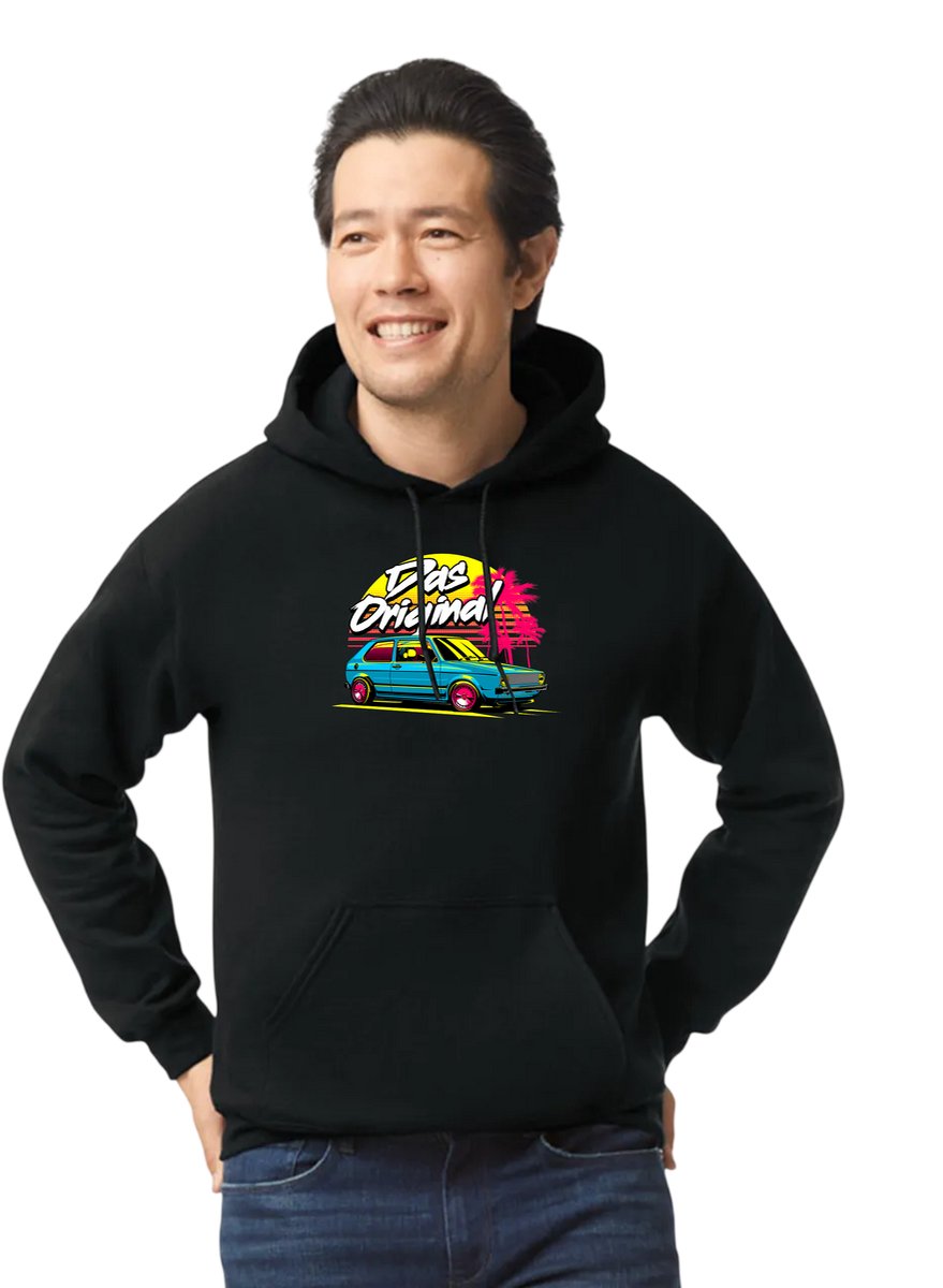 Hooded sweater zwart met opdruk van Volkswagen Golf met tekst das original maat XL van Shirtmakelaar