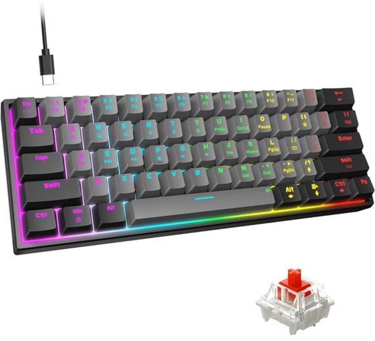 Compact Mechanisch Gaming Toetsenbord 60% - 61 Anti-Ghosting Toetsen, Blauwe LED Verlichting, Inklapbare Standaards