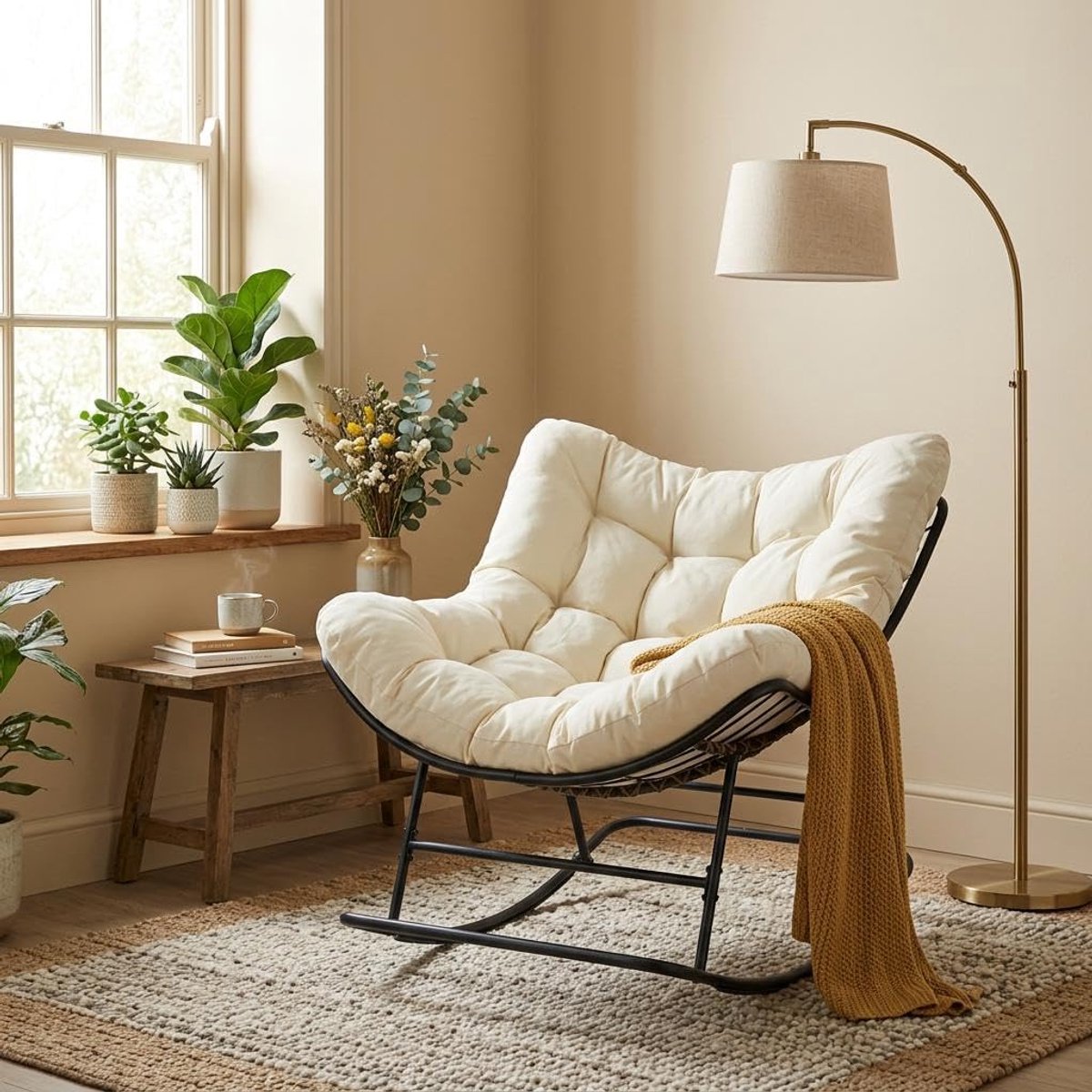 Extra grote Papasan-schommelstoel – Extra dik kussen – Draagvermogen 450 Lbs – Gezellige eivormige stoel – Stevig metalen frame – Beige