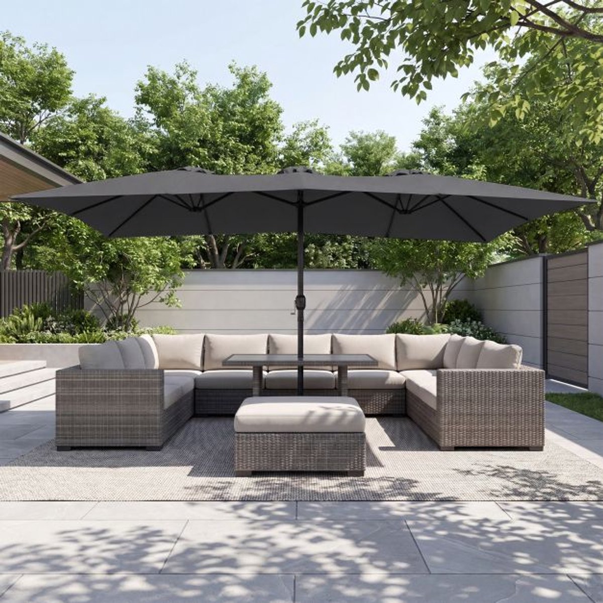 SureDeal® - Parasol - Dubbeldak Extra Groot - Ribben Dubbele Dak - Zwengel Standaard - 430x276x260 cm - Grijs