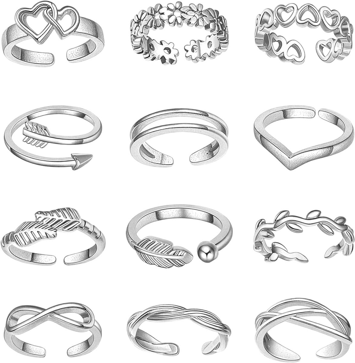 Open verstelbare teenringen voor dames - 12 stuks, zilveren stapelbare banden, perfect als sieraden cadeau voor Moederdag en Valentijnsdag